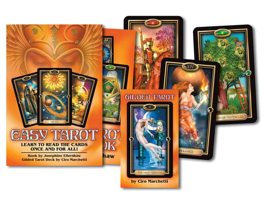 Easy Tarot by Josephine Ellershaw & Ciro Marchetti – a beginner-friendly 78-card deck with Gilded Tarot artwork and a 240-page guidebook.
