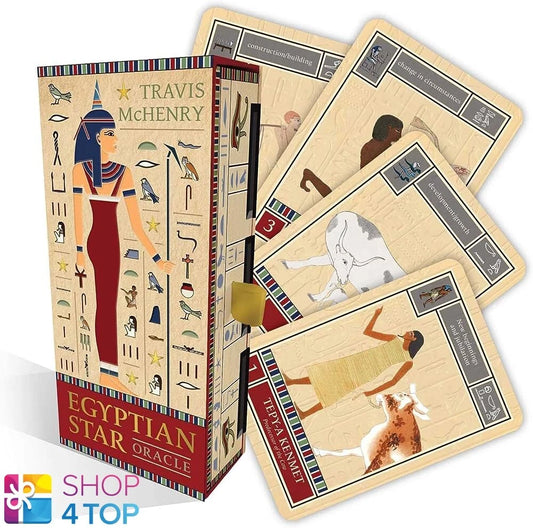 Egyptian Star Oracle by Travis McHenry – a 42-card deck featuring authentic Egyptian artwork, gilded edges, a 144-page guidebook, and an Eye of Horus charm.
