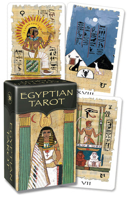Egyptian Tarot Kit by Silvana Alasia – a 78-card deck with papyrus-style artwork inspired by ancient Egyptian symbolism, accompanied by a 160-page guidebook by Berti & Gonard.
