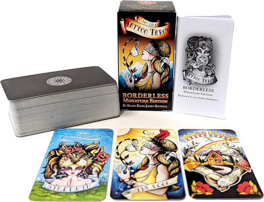 Eight Coins' Tattoo Tarot Borderless Miniature Edition by Lana Zellner – a 78-card deck featuring vivid, hand-drawn and painted art in the watercolor spitshade style, paying homage to tattoo and tarot traditions.

