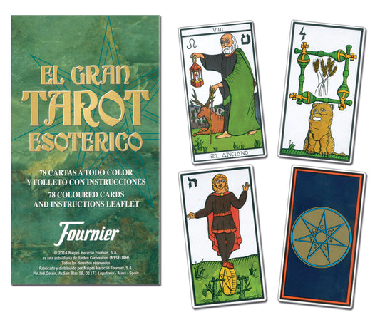 El Gran Tarot Esotérico by Maritxu Guler – 78-card deck featuring vibrant colors and unique design, incorporating classic Tarot motifs with variations inspired by the Eudes Picard tarot system, along with astrological symbols and Hebrew letters.
