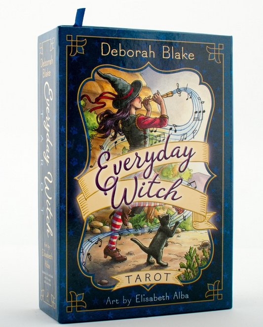 Everyday Witch Tarot Mini by Deborah Blake & Elisabeth Alba – a 78-card deck featuring whimsical, witchy artwork with black cats, pointed hats, and magic brooms, perfect for on-the-go readings.
