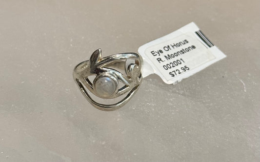 Eye of Horus Rainbow Moonstone Sterling Silver Crystal Ring size 6 – mystical silver jewelry combining Eye of Horus symbol with iridescent moonstone for protection and intuition.
