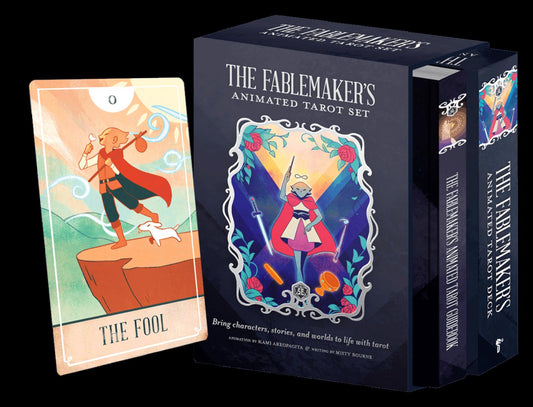 The Fablemaker's Animated Tarot Deck by Misty Bourne & Kami Areopagita – 78 lenticular cards featuring 8-frame looping animations, accompanied by a guidebook, presented in a silver-foil accented box.
