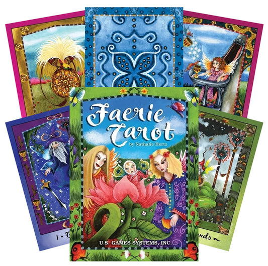 Faerie Tarot by Nathalie Hertz – a 78-card deck blending whimsical fantasy and nature, with seasonal symbolism and ornate borders.
