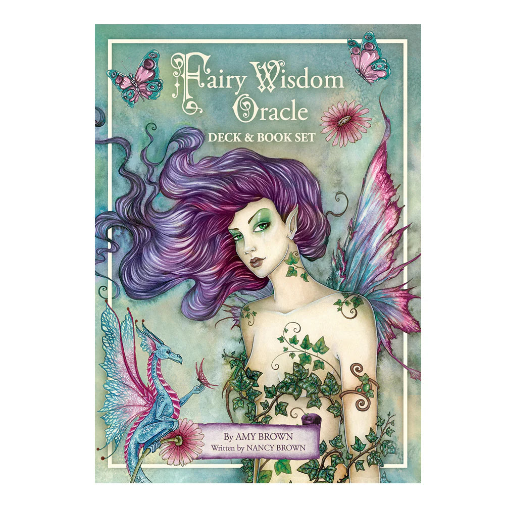 Fairy Wisdom Oracle Deck & Book Set by Amy & Nancy Brown – 64-card deck and 140-page illustrated hardcover book featuring enchanting fairies, dragons, and elemental guides for spiritual insight.
