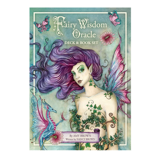 Fairy Wisdom Oracle Deck & Book Set by Amy & Nancy Brown – 64-card deck and 140-page illustrated hardcover book featuring enchanting fairies, dragons, and elemental guides for spiritual insight.
