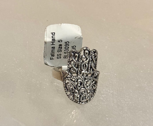Fatima Hamsa Hand Swirly Sterling Silver Ring size 5 – decorative silver jewelry featuring swirly design and Hamsa hand symbol for protection and luck.
