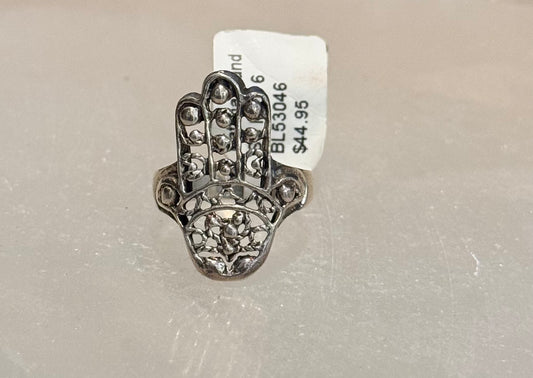 Fatima Hand Filigree Sterling Silver Ring size 6 – intricate silver jewelry featuring filigree design and Fatima hand symbol for protection and blessings.
