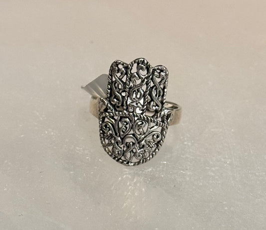 Fatima Hand Sterling Silver Ring size 7 – protective silver jewelry featuring the Fatima hand symbol known for warding off negative energy.
