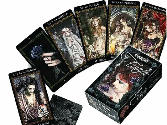 Favole Tarot by Victoria Francés – a 78-card gothic deck featuring dark romantic art with unique suits of butterflies, masks, flowers, and crosses.
