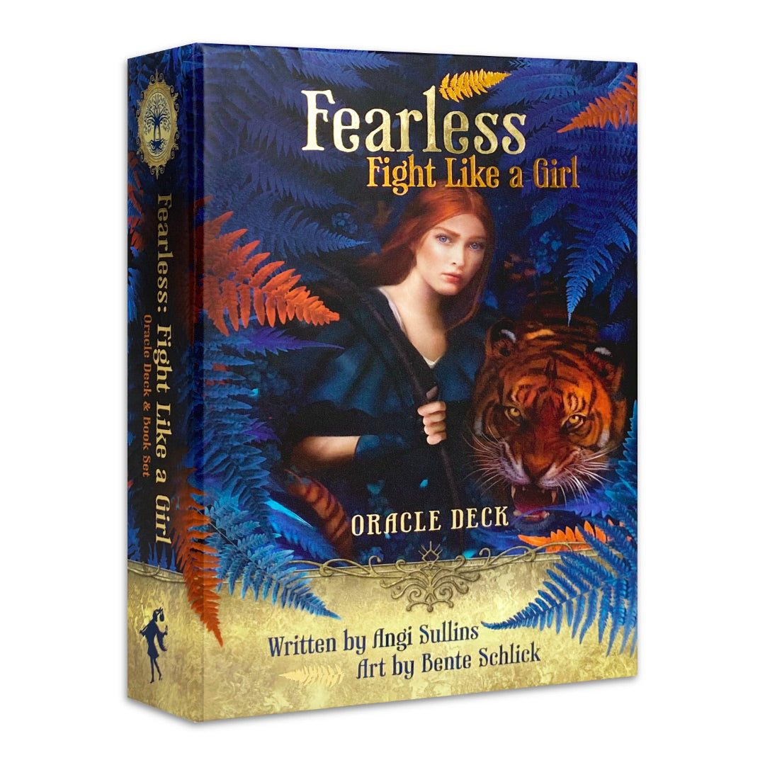Fearless: Fight Like A Girl Oracle Deck by Angi Sullins & Bente Schlick – 44-card deck featuring empowering messages and artwork, designed to inspire confidence and courage in women.
