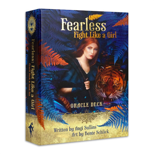 Fearless: Fight Like A Girl Oracle Deck by Angi Sullins & Bente Schlick – 44-card deck featuring empowering messages and artwork, designed to inspire confidence and courage in women.
