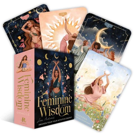 The Feminine Wisdom Oracle by Lea Androic – a 36-card deck and guidebook designed to awaken divine feminine energy, featuring pastel-colored illustrations that inspire self-compassion, intuition, and creativity.
