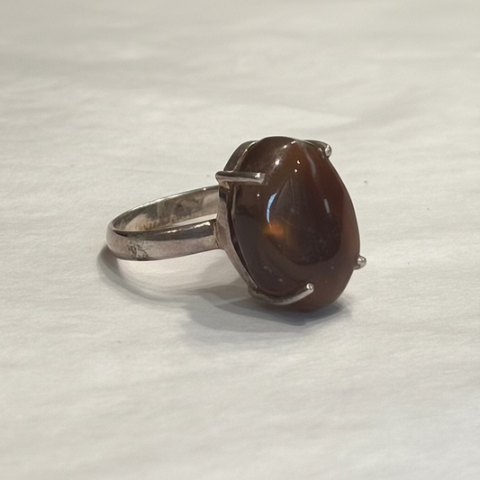 Fire Agate Mexico Sterling Silver Ring size 8 – fiery iridescent crystal jewelry known for grounding and protective energy.
