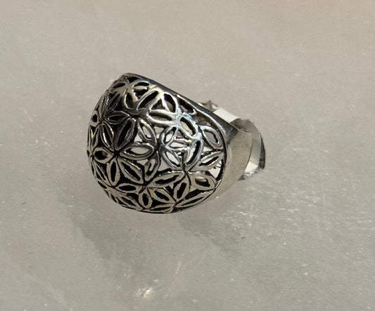 Flower of Life Dome Sterling Silver Ring size 5 – elegant silver jewelry featuring domed sacred geometry design symbolizing creation and harmony.
