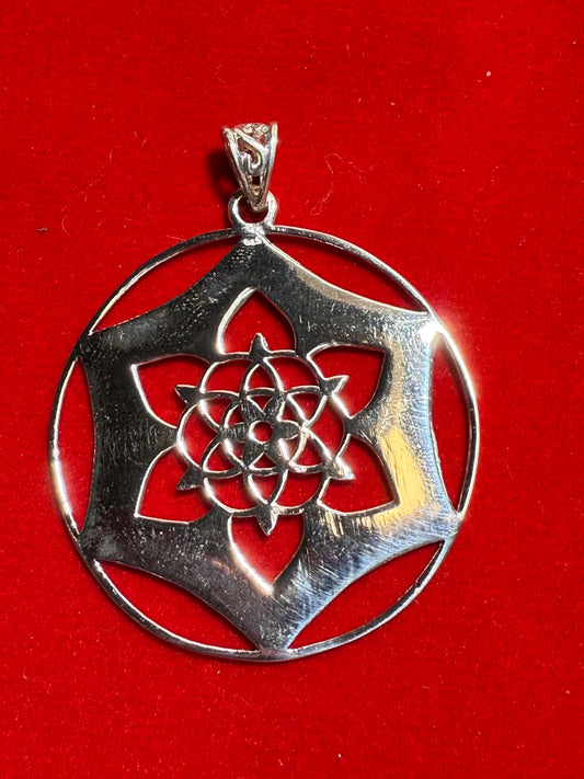 Flower of Life Seed of Life Sterling Silver Pendant – intricate silver jewelry featuring sacred geometry symbols representing creation, harmony, and energy flow.
