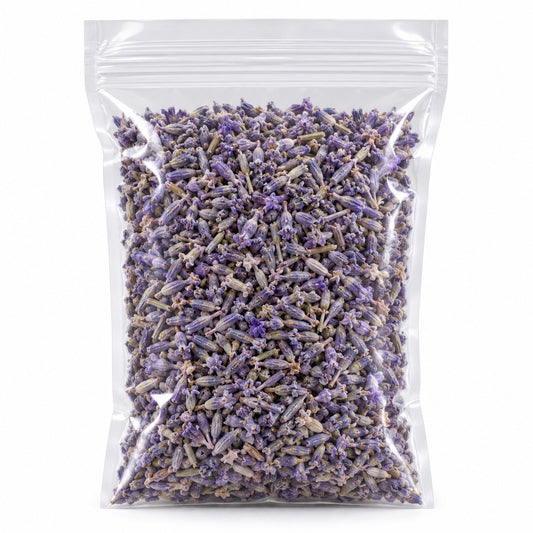 French lavender loose herb, dried purple lavender buds in clear resealable bag on white background