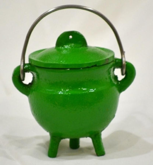 GREEN Cast Iron Cauldron with lid 3"H 2.75"D
