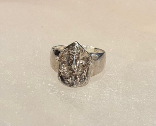 Ganesh Carved Sterling Silver Ring size 6 – intricately carved silver jewelry featuring Lord Ganesh symbolizing wisdom, prosperity, and remover of obstacles.
