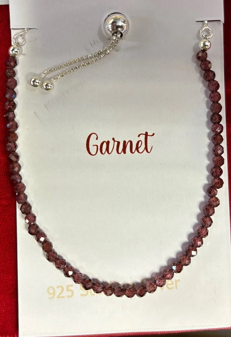 Garnet Faceted 2MM Bead .925 Sterling Silver ADJ Bracelets
