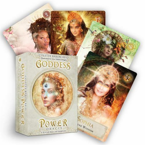 Goddess Power Oracle by Colette Baron-Reid – deluxe 52-card set with guidebook and keepsake box featuring diverse goddess imagery.
