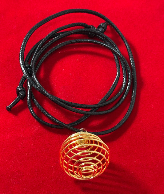 Gold Plated Round Cage with Black Cord – stylish round cage pendant with gold plating, suspended on a black cord necklace.
