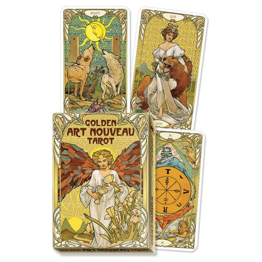 Golden Art Nouveau Tarot Grand Trumps by Giulia Francesca Massaglia – elegant tarot cards featuring Art Nouveau style and intricate gold details.
