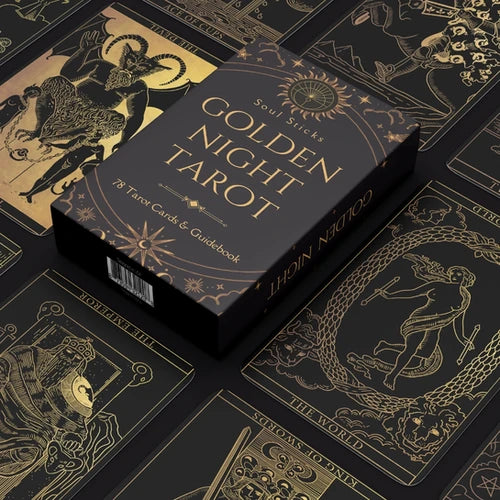 Golden Night Tarot Card Deck with matte and gold foil accents – 78‑card mystical deck with comprehensive guidebook.
