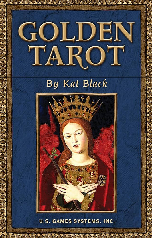 Golden Tarot by Kat Black – a 78-card deck blending medieval and Renaissance art with Rider-Waite symbolism, featuring gilt-edged cards and a 198-page guidebook.
