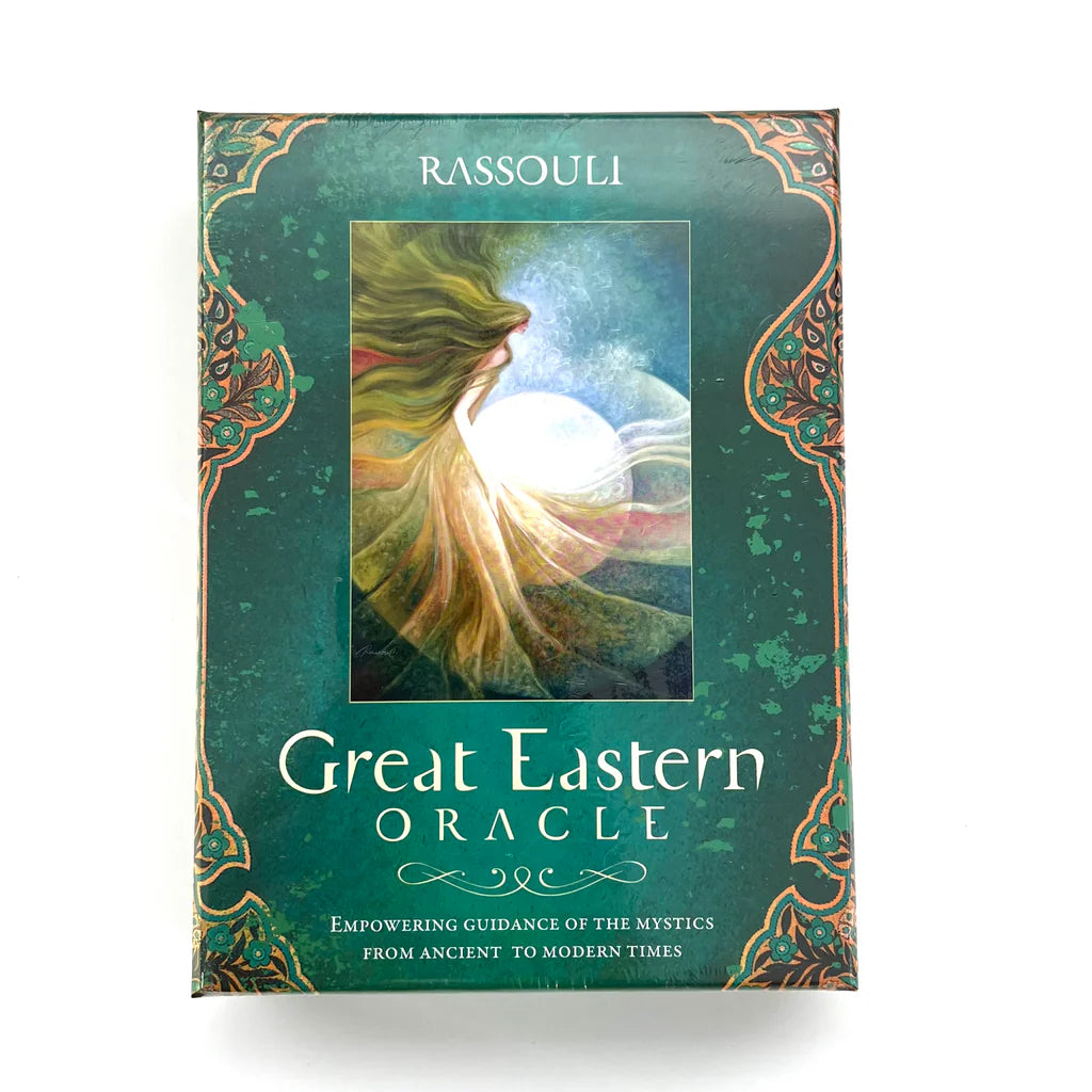 Great Eastern Oracle by Rassouli – 44-card deck and 176-page guidebook featuring visionary art inspired by Eastern mysticism and teachings of sages like Confucius, Gurdjieff, Rumi, and Gibran.
