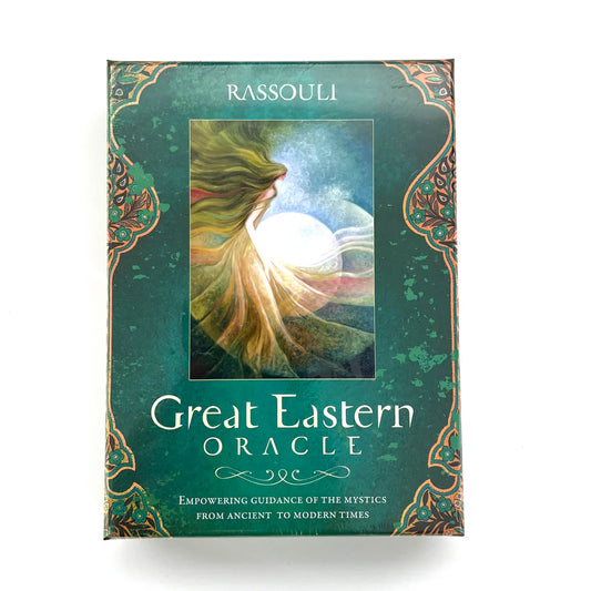 Great Eastern Oracle by Rassouli – 44-card deck and 176-page guidebook featuring visionary art inspired by Eastern mysticism and teachings of sages like Confucius, Gurdjieff, Rumi, and Gibran.
