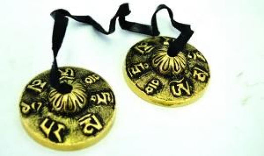 Om Mani Symbols - 2" D Cymbals Tingsha Bell - Antique Brass