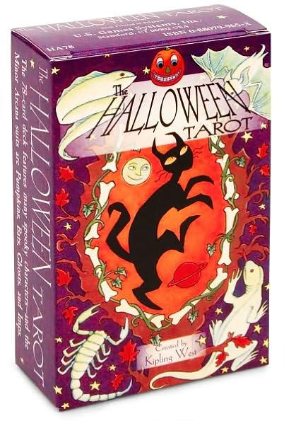 The Halloween Tarot in a Tin by Kipling West – 78-pocket-sized cards featuring whimsical Halloween-themed illustrations, including Frankenstein and his bride as The Emperor and Empress, housed in a compact tin box.
