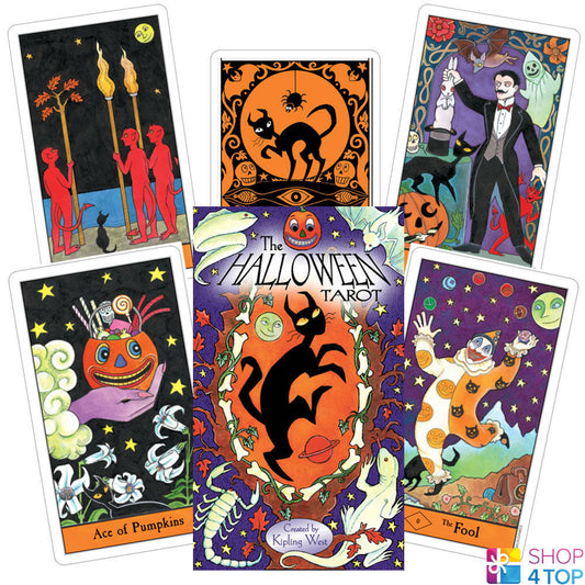 Halloween Tarot by Kipling West & Karin Lee – 78-card deck featuring whimsical Halloween-themed artwork with suits of Pumpkins, Imps, Ghosts, and Bats.
