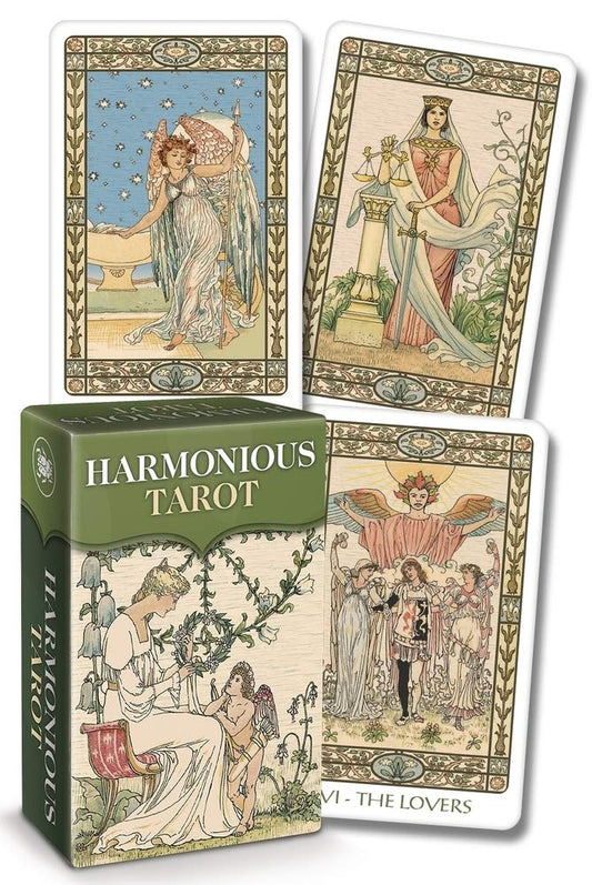 Harmonious Tarot by Walter Crane & Ernest Fitzpatrick – Victorian-style tarot deck featuring floral borders and soft pastel hues.
