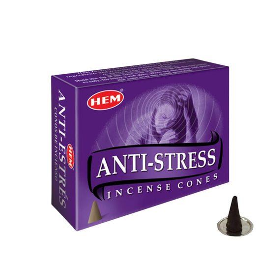 Hem Anti-Stress Traditional Incense Cones (10) – soothing incense cones with calming aroma to relieve stress and promote relaxation.
