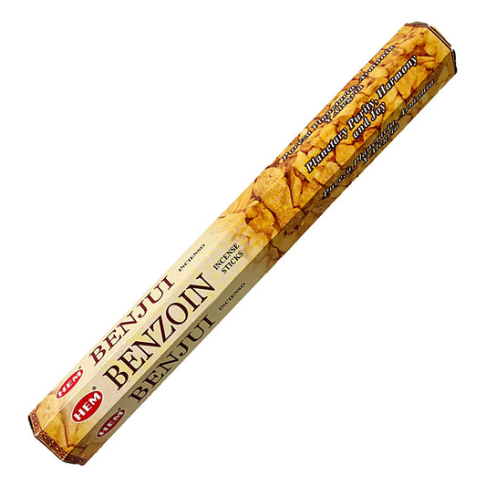 HEM Benzoin Incense Sticks – warm, sweet resin scent known for its calming and healing properties.
