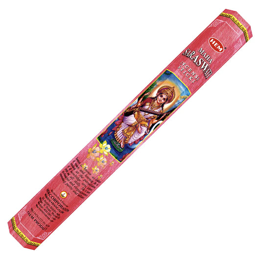 HEM Maha Saraswati Incense Sticks – sacred fragrance honoring the goddess Saraswati, inspiring wisdom and creativity.
