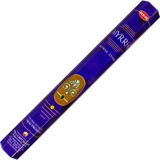 HEM Myrrh Incense Sticks – warm, resinous fragrance used for cleansing and enhancing meditation practices.

