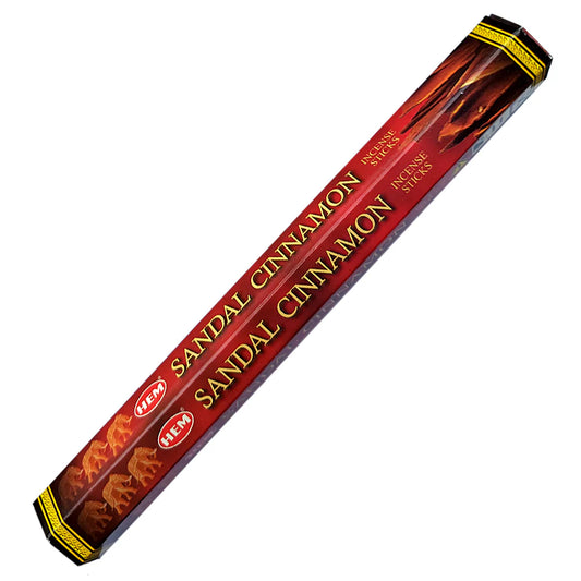 HEM Sandal Cinnamon Incense Sticks – spicy cinnamon combined with sandalwood for a warm, energizing scent.
