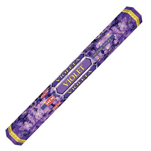 HEM Violet Incense Sticks – soft, floral violet fragrance that promotes calmness and emotional balance.
