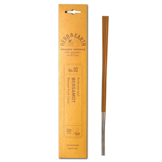 Herb & Earth Bergamot Bamboo Incense Sticks – fresh citrus incense with bergamot aroma for energy, clarity, and uplifting spirit.
