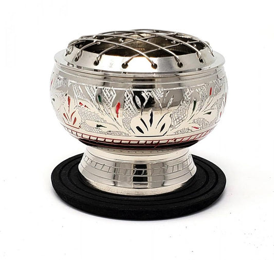 Silver finish Brass Screen Charcoal Burner colorful carving with Coaster 2.5"D