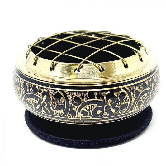 Black Carved Brass Screen Charcoal Burner 2.75"D 1.75"H with Wooden Coaster