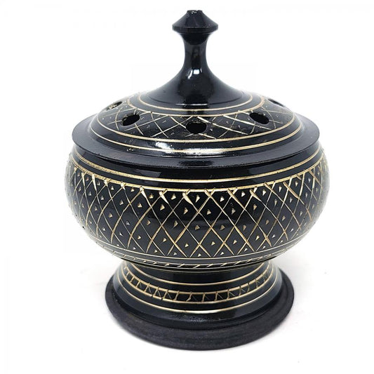 Black Carved Brass Burner. Ideal for: Resin Incense, Smudge Pot, Cone or Stick Incense 3"D 3.5"H with Wooden Coaster & Lid