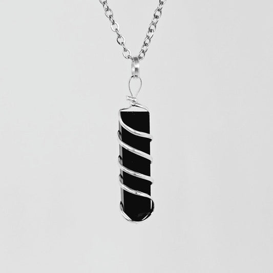 Black Obsidian Coil Wrapped Point Pendant