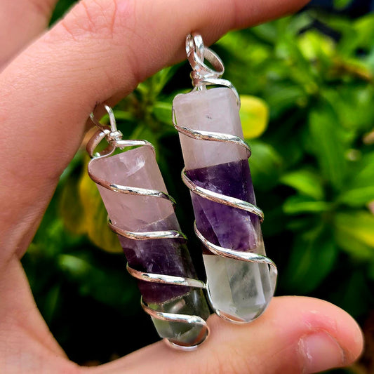 Amethyst, Rose Quartz, Clear Quartz Stacked Coil Wrapped Point Pendant