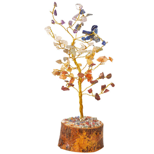 100 Chakra Chips Stone Crystal Gem Tree On Wood Base 5"