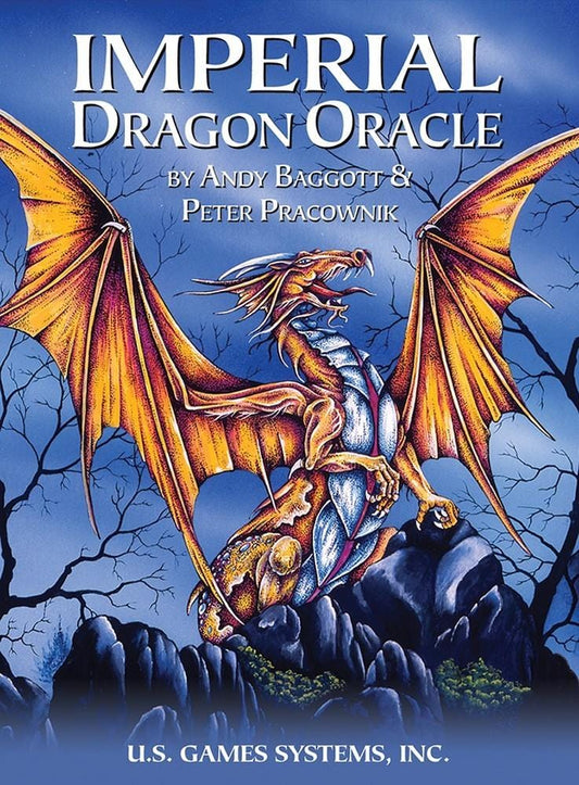 Imperial Dragon Oracle by Andy Baggott & Peter Pracownik – 22 oversized cards featuring dragon-themed artwork, accompanied by a 58-page booklet with card meanings and interpretations.
